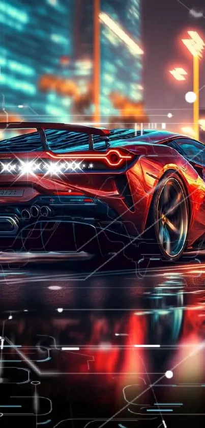 Sleek red sports car in urban nightscape.