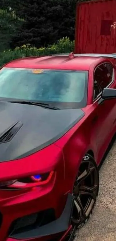 Sleek red sports car with black accents in a stylish setting.