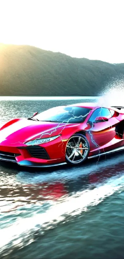 Red sports car spraying water over a scenic lake.