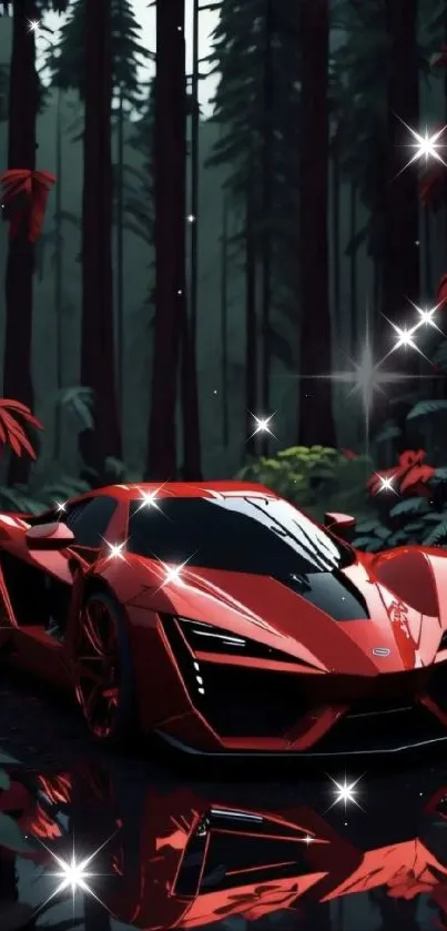 Sleek red sports car in a dark forest setting.