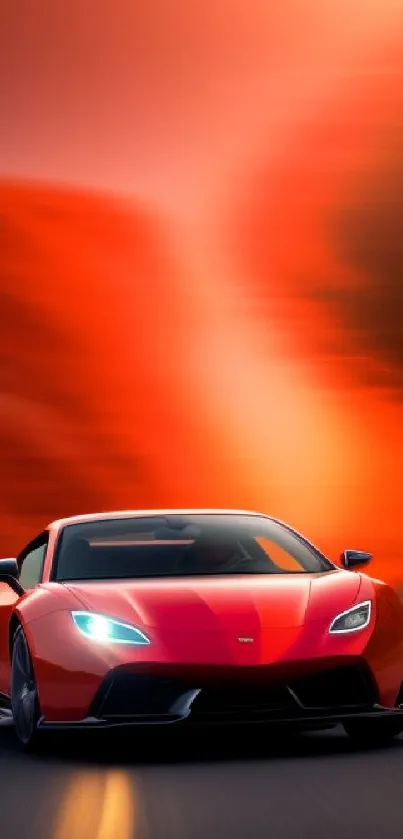 Red sports car speeds on an empty road at sunset, vibrant and dynamic.