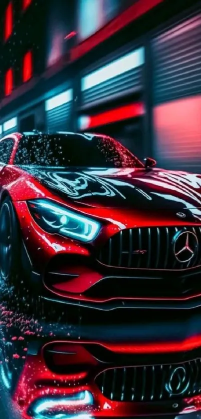 Sleek red sports car at night with neon lights reflecting on wet street.