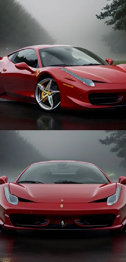 Dynamic red sports car in misty ambiance.