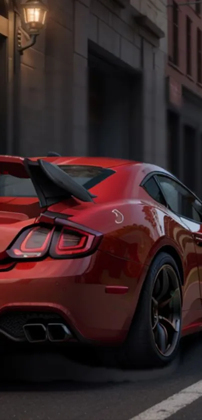 Sleek red sports car parked under city lights at night.