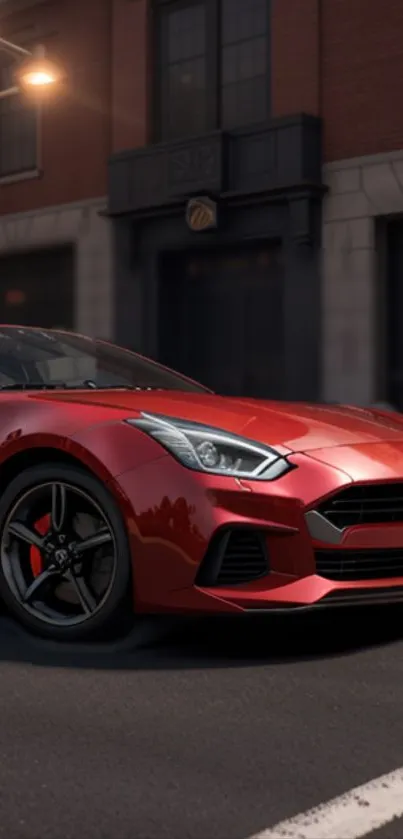 Sleek red sports car on urban street at night.