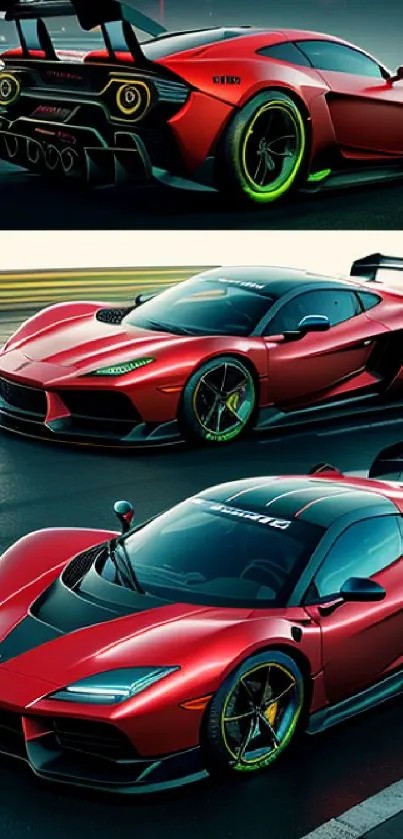 Red sports cars on a nighttime track, showing sleek design.