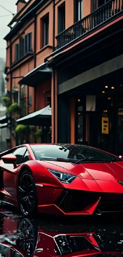 A sleek red sports car parked in an urban street with reflections.