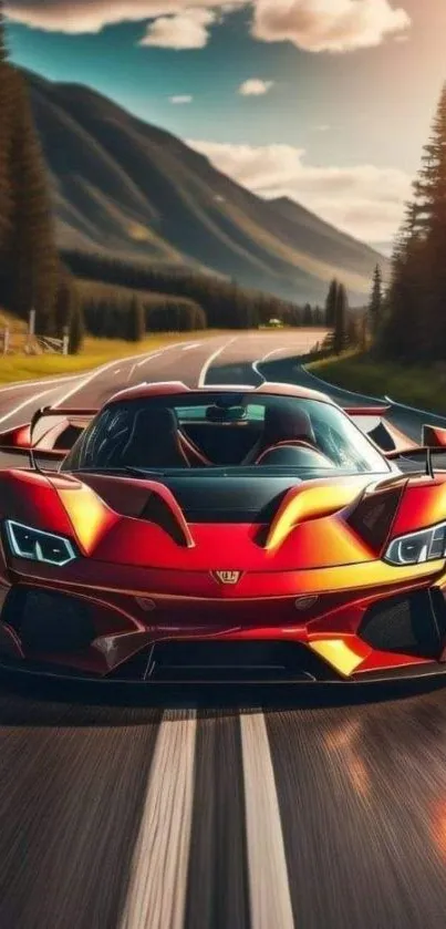 Red sports car on a mountain road, capturing speed and luxury.