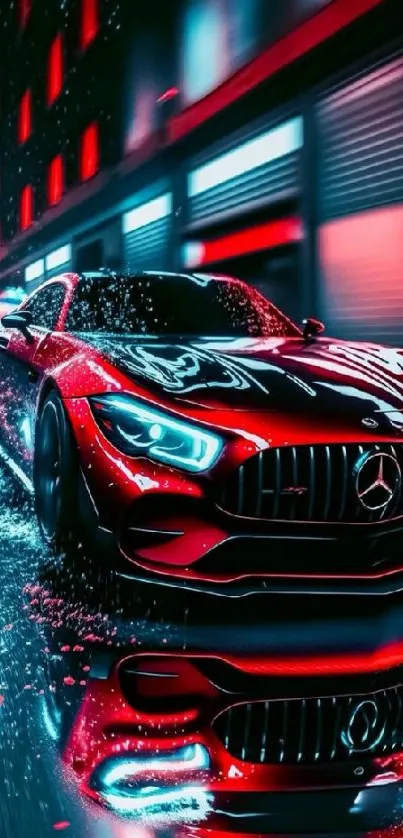 Futuristic red sports car with neon lights in urban setting.