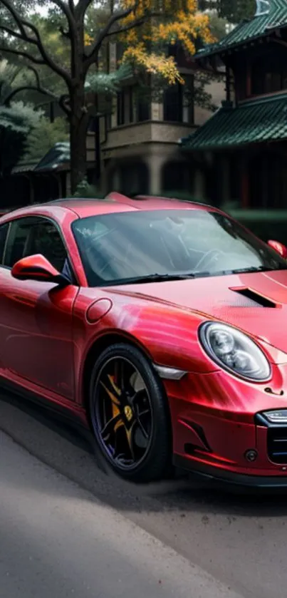 Red sports car parked on a scenic street, sleek design.