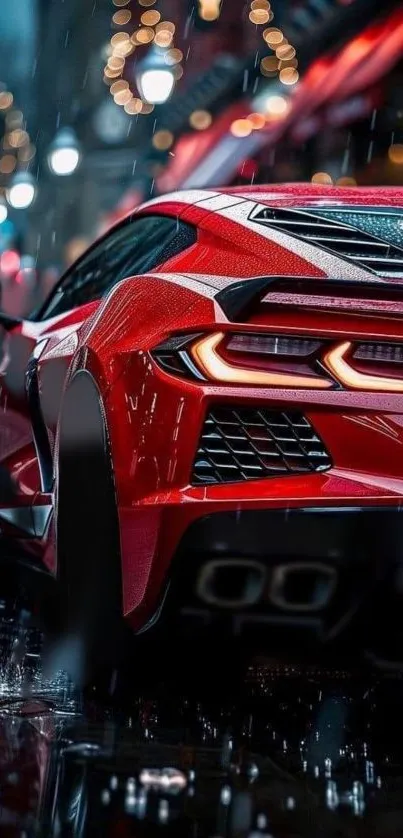 Red sports car on wet city street with vibrant lights.