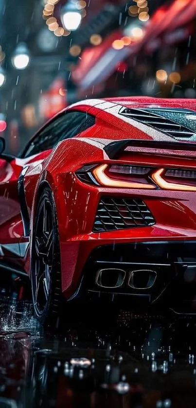 Red sports car in a rainy city street with reflections.