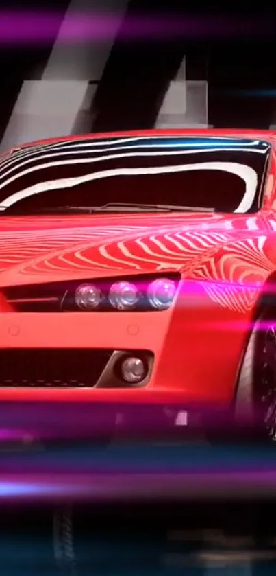 Sleek red sports car with vibrant lighting effects.