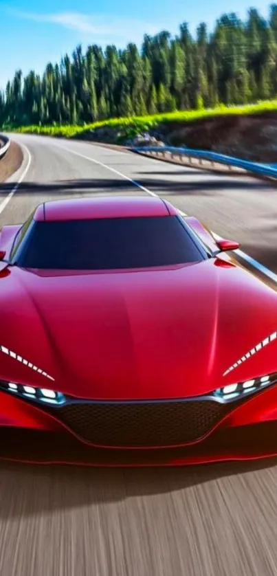 Sleek red sports car on a scenic highway with lush green surroundings.