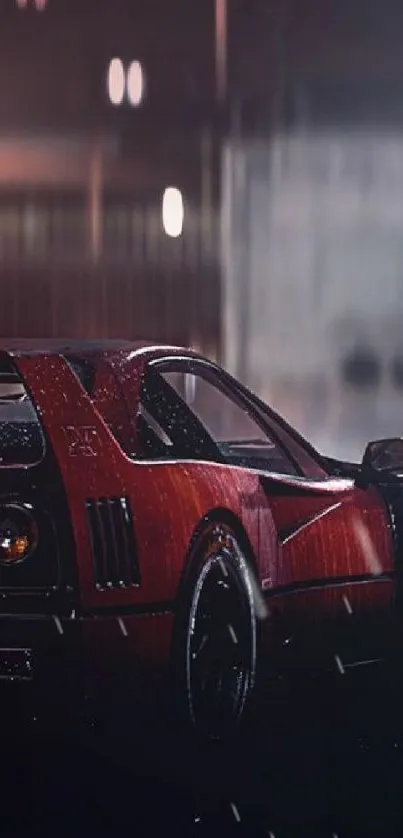 Sleek red sports car in an urban night setting, perfect for wallpaper.