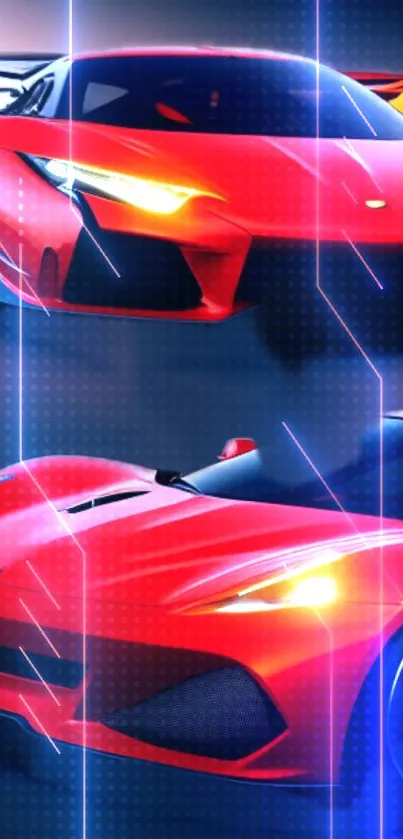 Sleek red sports cars with high-tech graphic effects.