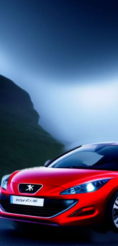 Sleek red sports car against a dark blue sky.