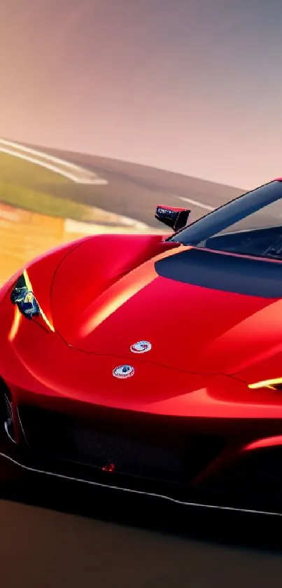 Sleek red sports car on a racing track, capturing dynamic motion and speed.