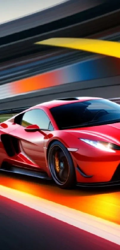 Sleek red sports car racing on a vibrant track at high speed.