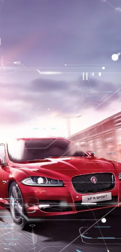 Red sports car with futuristic elements, vibrant mobile wallpaper.