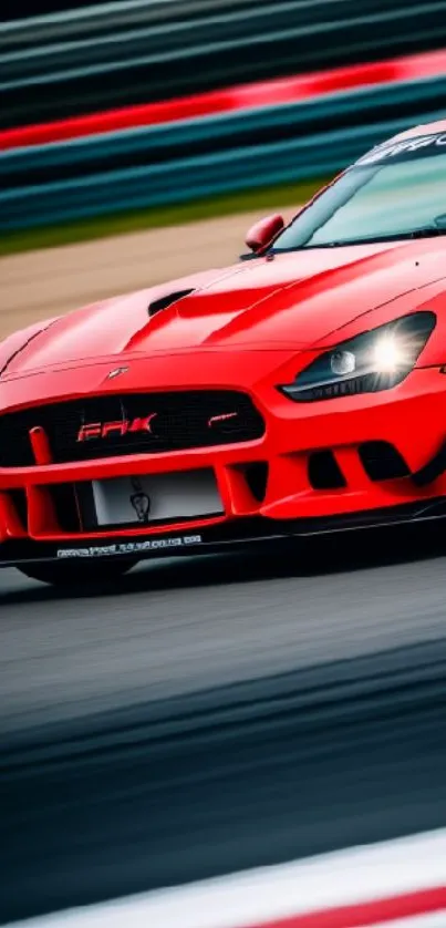 Sleek red sports car racing on a track.