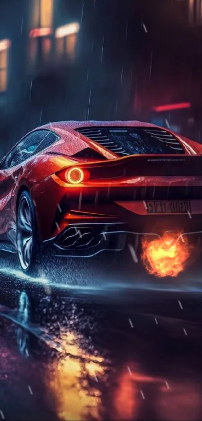 Sleek red sports car speeding through a rainy city street at night.