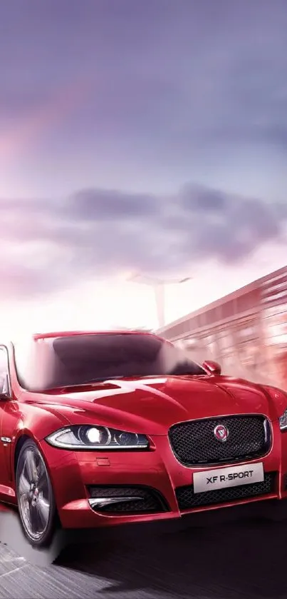 Red sports car in motion, exuding luxury and speed against a blurred background.