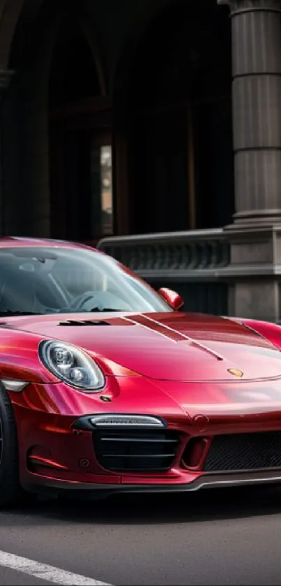 Sleek red sports car in urban setting.