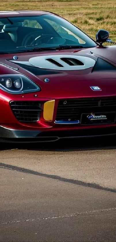 Sleek red sports car parked on a clear road under bright sunlight.