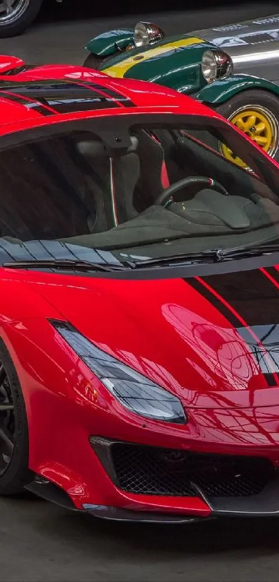 Vibrant red sports car with black stripes.