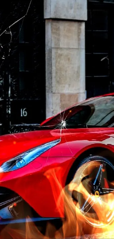 Elegant red sports car parked by a building.