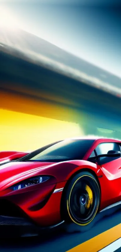 Red sports car speeding on a vibrant track with dynamic background.