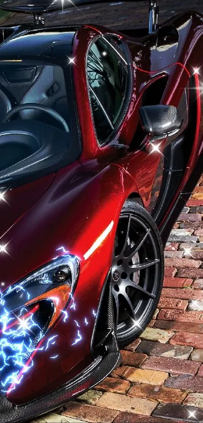Dark red sports car on cobblestone pavement.