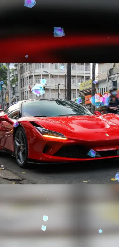 Red sports car parked on an urban street with glowing digital effects.