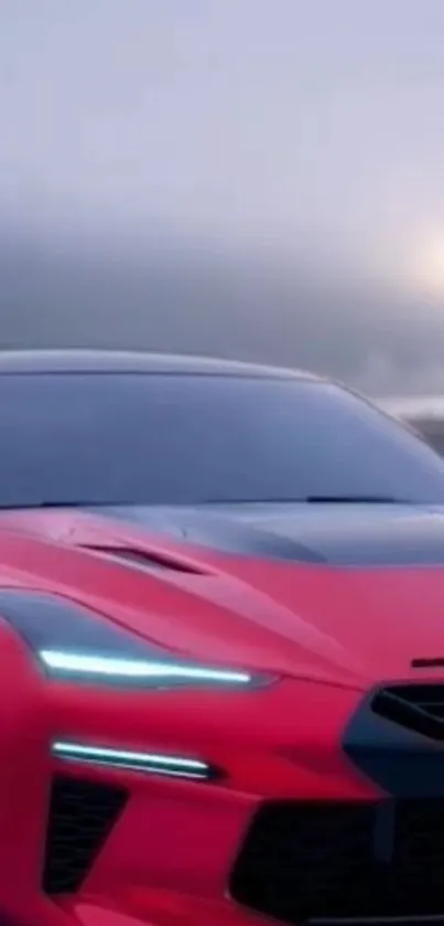 Red sports car with futuristic design in misty background.