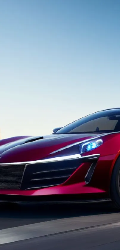 Sleek red sports car on highway with city skyline in the background.