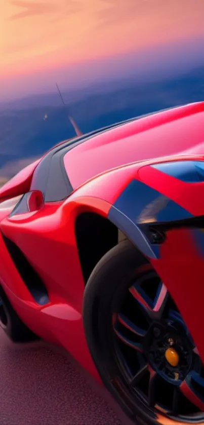 Sleek red sports car on a scenic drive at sunset.