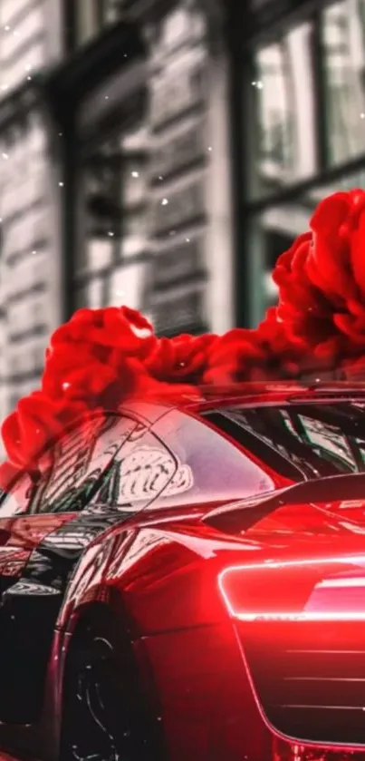 Red sports car with urban backdrop and smoke effect.