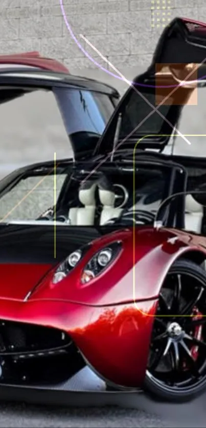 Red sports car with open doors against a gray background.