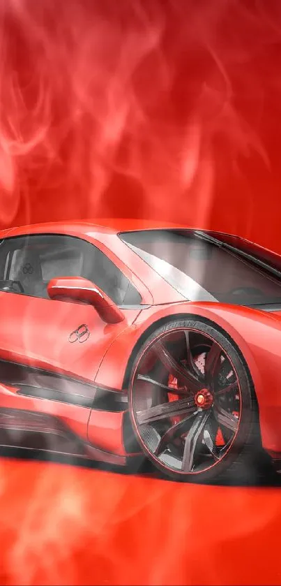 Sleek red sports car on bold red background.