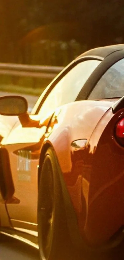 Vibrant red sports car on the highway at sunset, showcasing sleek design.