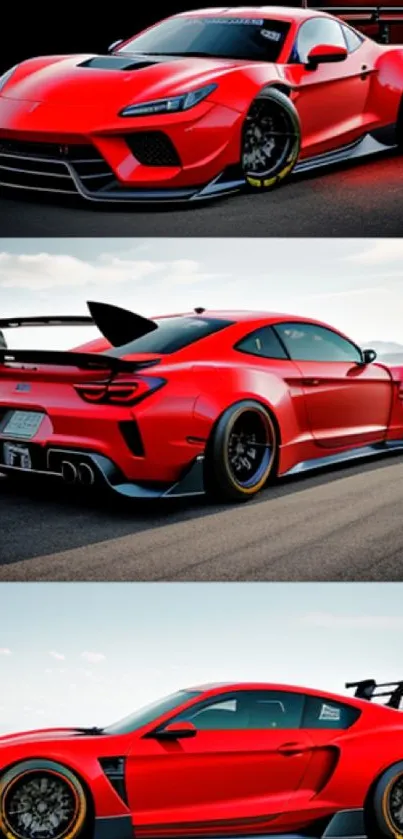 Sleek red sports car on a scenic road, perfect for mobile wallpaper.