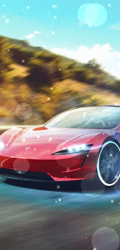 Red sports car speeding on a scenic road