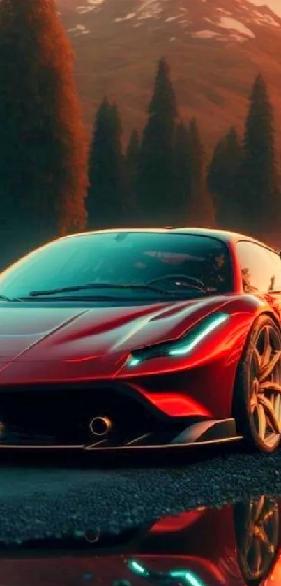 Sleek red sports car with mountain backdrop.