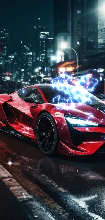 Futuristic red sports car on a neon-lit city street at night.