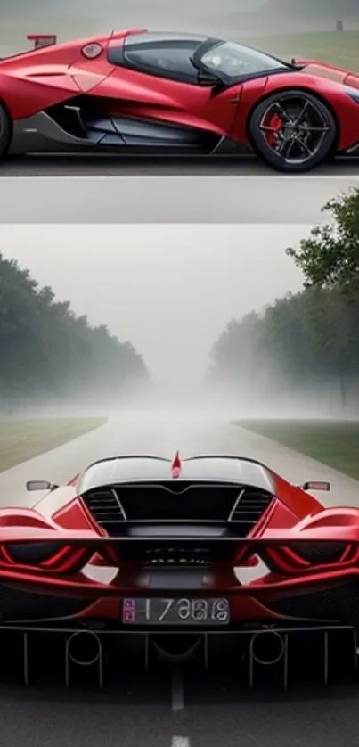 Sleek red sports car on a misty road.