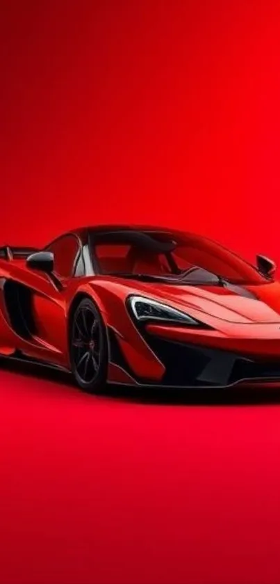 Red sports car on a vibrant red background, showcasing luxury and speed.