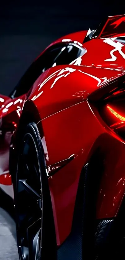Close-up of a sleek red sports car in profile view.