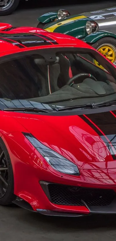 Sleek red sports car parked indoors with luxury design.