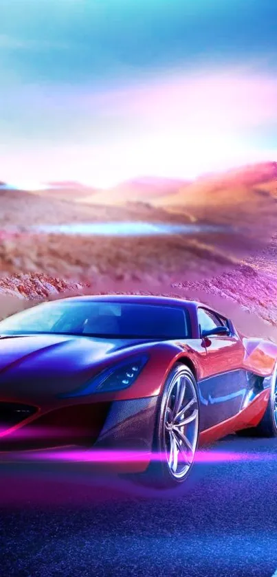 Sleek red sports car on a vibrant desert road.